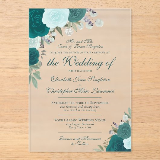 Elegante Blauwgroen Turquoise & Aqua Rozen Formele Acryl Uitnodigingen (Voorkant)