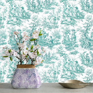 Elegante blauwgroen turquoise toile de jouy behang