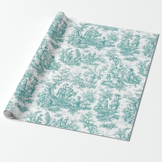 Elegante  blauwgroen turquoise toile de jouy cadeaupapier (Uitgerold)