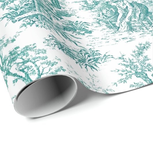 Elegante  blauwgroen turquoise toile de jouy cadeaupapier (Rol Hoek)
