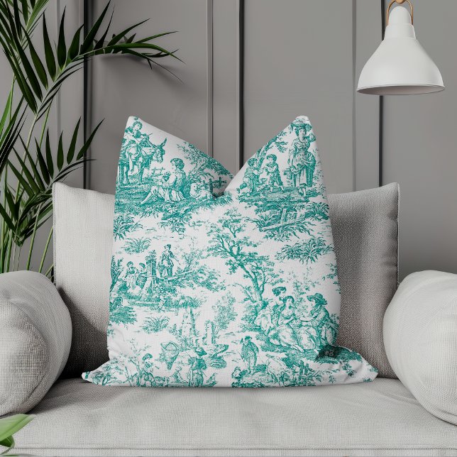 Elegante  blauwgroen turquoise toile de jouy kussen (Creator heeft geüpload)
