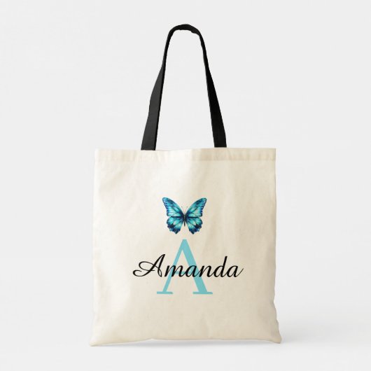 Elegante Blauwgroen vlindernaam monogramed Tote Bag (Achterkant)