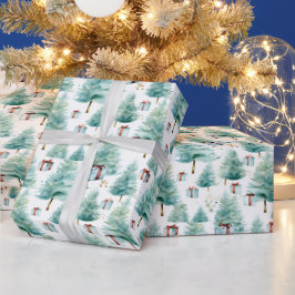 Elegante Blauwgroen Waterverf kerstbomen met gesch Cadeaupapier