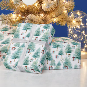 Elegante Blauwgroen Waterverf kerstbomen met gesch Cadeaupapier