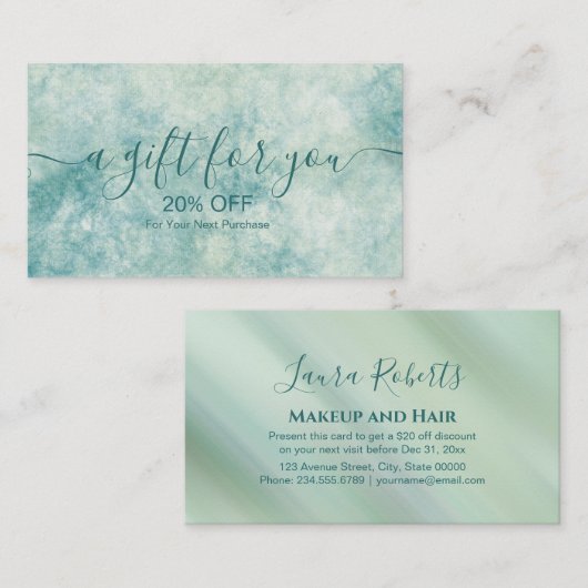 Elegante Blauwgroen Waterverf Kortingskaartje (Voorkant / Achterkant)