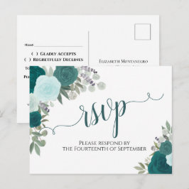 Elegante Blauwgroen Waterverf Rozen Bruiloft RSVP Briefkaart