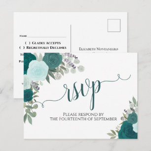 Elegante Blauwgroen Waterverf Rozen Bruiloft RSVP Briefkaart