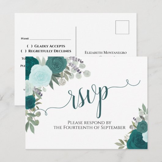 Elegante Blauwgroen Waterverf Rozen Bruiloft RSVP Briefkaart (Voorkant / Achterkant)