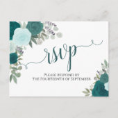 Elegante Blauwgroen Waterverf Rozen Bruiloft RSVP Briefkaart (Voorkant)