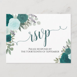 Elegante Blauwgroen Waterverf Rozen Bruiloft RSVP Briefkaart