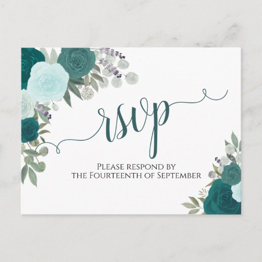 Elegante Blauwgroen Waterverf Rozen Bruiloft RSVP Briefkaart (Voorkant)