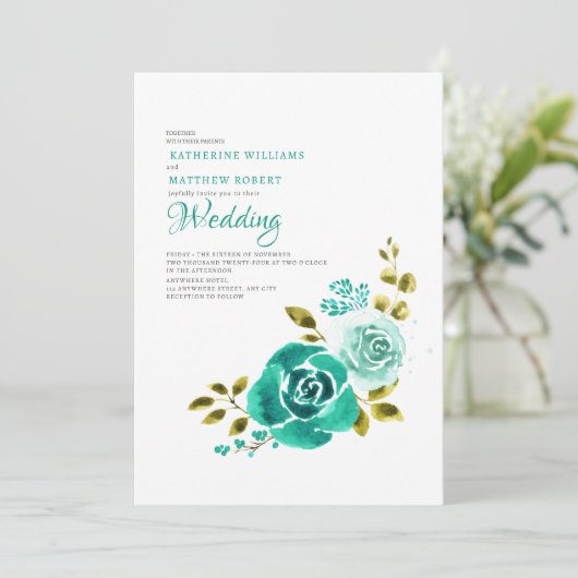 Elegante Blauwgroen witte bloemenbruiloft Kaart (Staand voorkant)