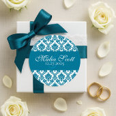Elegante Blauwgroen Witte Damask Wedding Favoriet Ronde Sticker