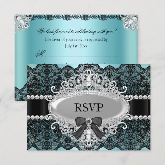 Elegante Blauwgroen & Zwarte Diamantkant RSVP (Voorkant / Achterkant)