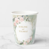 Elegante bleek roze rozen eucalyptus & gouden brui papieren bekers (Achterkant)