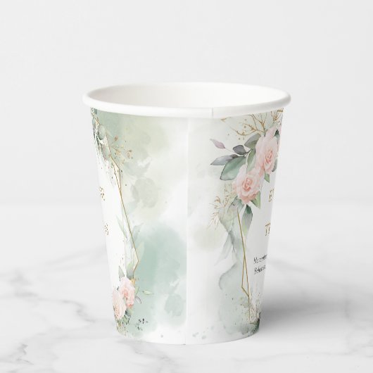 Elegante bleek roze rozen eucalyptus & gouden brui papieren bekers (Rechts)