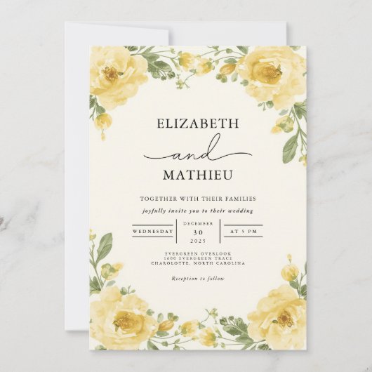 Elegante Bleke Gele Botanische Bloemen Huwelijk Kaart (Voorkant)
