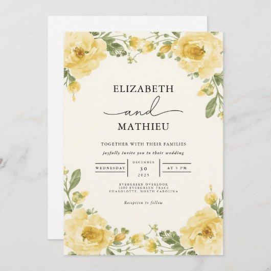 Elegante Bleke Gele Botanische Bloemen Huwelijk Kaart (Voorkant / Achterkant)