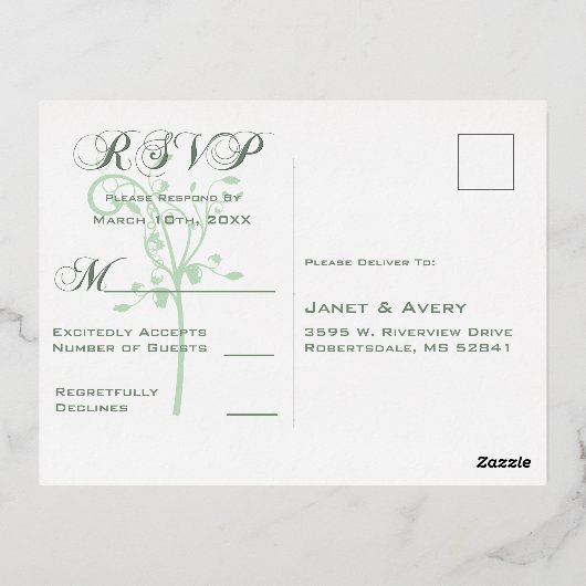 Elegante Bleke Pastelgroene RSVP-Foliekaart Folie Feestdagen Briefkaart (Achterkant)