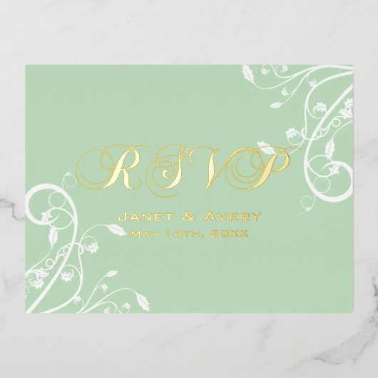 Elegante Bleke Pastelgroene RSVP-Foliekaart Folie Feestdagen Briefkaart (Voorkant)