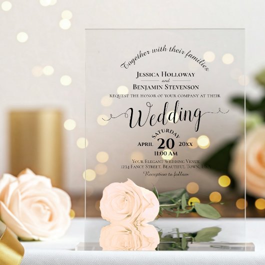 Elegante Bleke perzik Roos Lacy Calligrafie bruilo Acryl Uitnodigingen