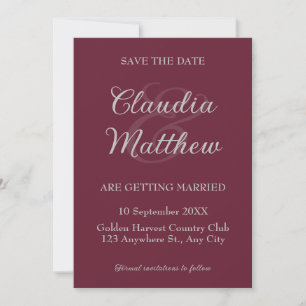 Elegante bloedrode en zilveren script foto bruilof save the date