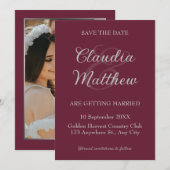Elegante bloedrode en zilveren script foto bruilof save the date (Voorkant / Achterkant)