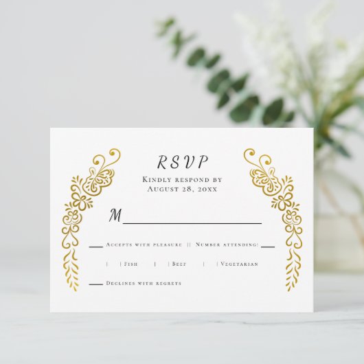 Elegante Bloei Goud Zwart & Wit Unieke Huwelijk RSVP Kaartje (Staand voorkant)
