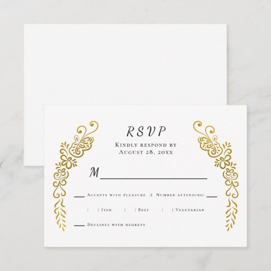 Elegante Bloei Goud Zwart & Wit Unieke Huwelijk RSVP Kaartje (Voorkant / Achterkant)