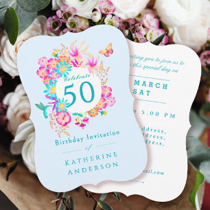 Elegante Bloeiende 50e Verjaardag Blauw Wit Kaart