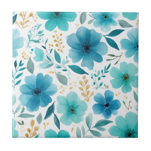 Elegante Bloeiende Bloemen Blauwe Botanische Water Tegeltje (Voorkant)