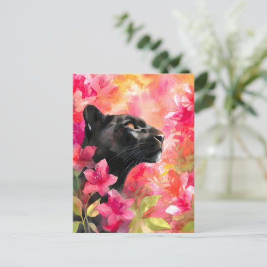 Elegante Bloeiende Bloemen Wild Black Panther Feestdagenkaart (Staand voorkant)