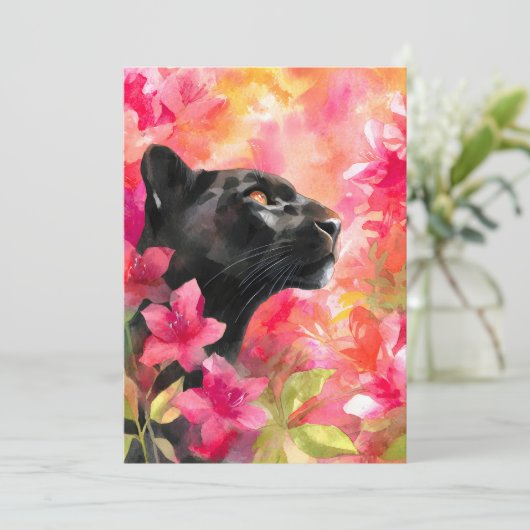 Elegante Bloeiende Bloemen Wild Black Panther Feestdagenkaart (Staand voorkant)