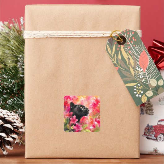 Elegante Bloeiende Bloemen Wild Black Panther Vierkante Sticker (Feestdagen)