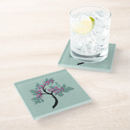 Elegante Bloeiende Boom Groen + Pruim Glazen Onderzetter