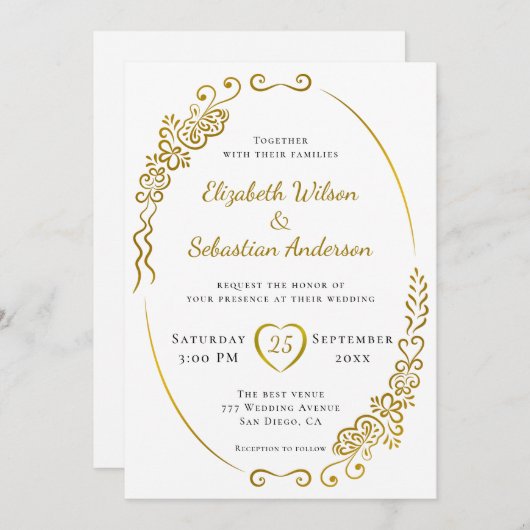 Elegante bloeiende gouden witte en zwarte bruiloft kaart (Voorkant / Achterkant)