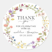 Elegante Bloeiende Wilde Bloem Krans Dank u Ronde Sticker (Voorkant)