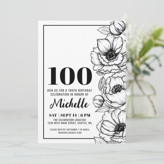 Elegante bloem 100e verjaardag kaart (Staand voorkant)