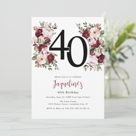 Elegante bloem 40e verjaardag kaart (Staand voorkant)