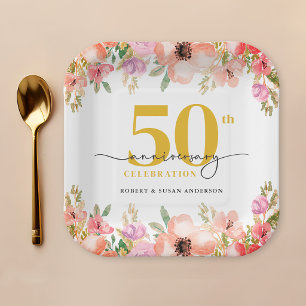 Elegante Bloem 50ste Huwelijksverjaardag Papieren Bordje
