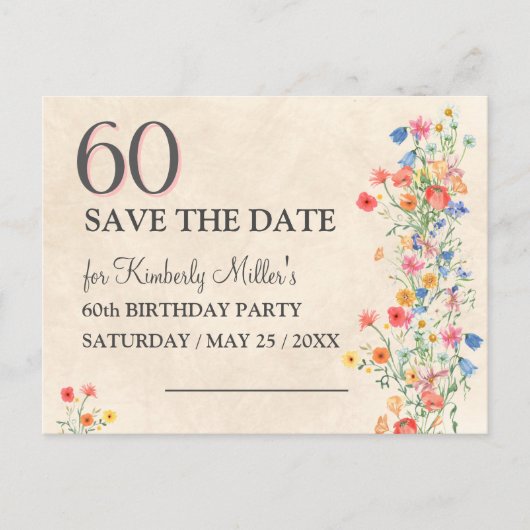 Elegante Bloem 60 Jaar Party Bloemen 60ste Verjaar Aankondigingskaart (Voorkant)