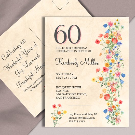 Elegante Bloem 60 Jaar Party Bloemen 60ste Verjaar Uitnodiging Briefkaart