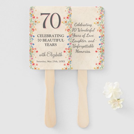 Elegante Bloem 70 Jaar Party Bloemen 70ste Verjaar Handwaaier (Voorkant en achterkant)