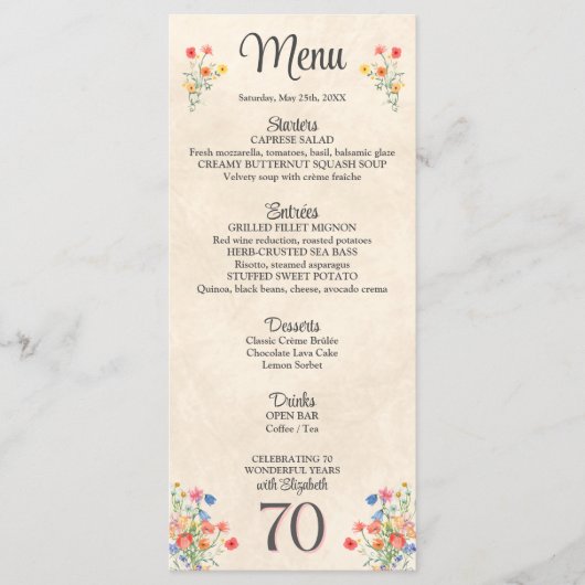 Elegante Bloem 70 Jaar Party Bloemen 70ste Verjaar Menu (Voorkant)
