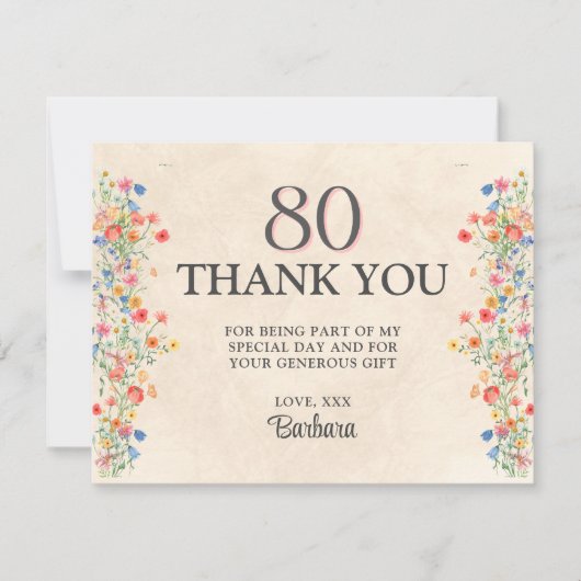 Elegante Bloem 80 Jaar Party Bloemen 80ste Verjaar Bedankkaart (Voorkant)