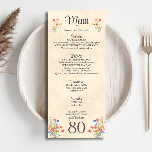 Elegante Bloem 80 Jaar Party Bloemen 80ste Verjaar Menu