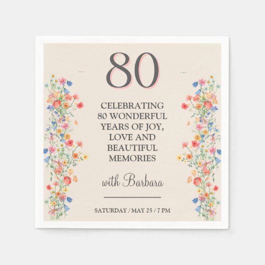 Elegante Bloem 80 Jaar Party Bloemen 80ste Verjaar Servet (Voorkant)
