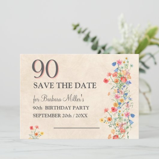 Elegante bloem 90 jaar - Bloemen 90ste verjaardag Save The Date (Staand voorkant)