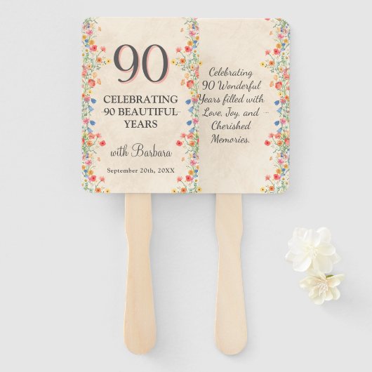 Elegante bloem 90 jaar feest Bloemen 90ste verjaar Handwaaier (Voorkant en achterkant)