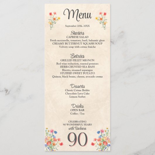 Elegante bloem 90 jaar feest Bloemen 90ste verjaar Menu (Voorkant)